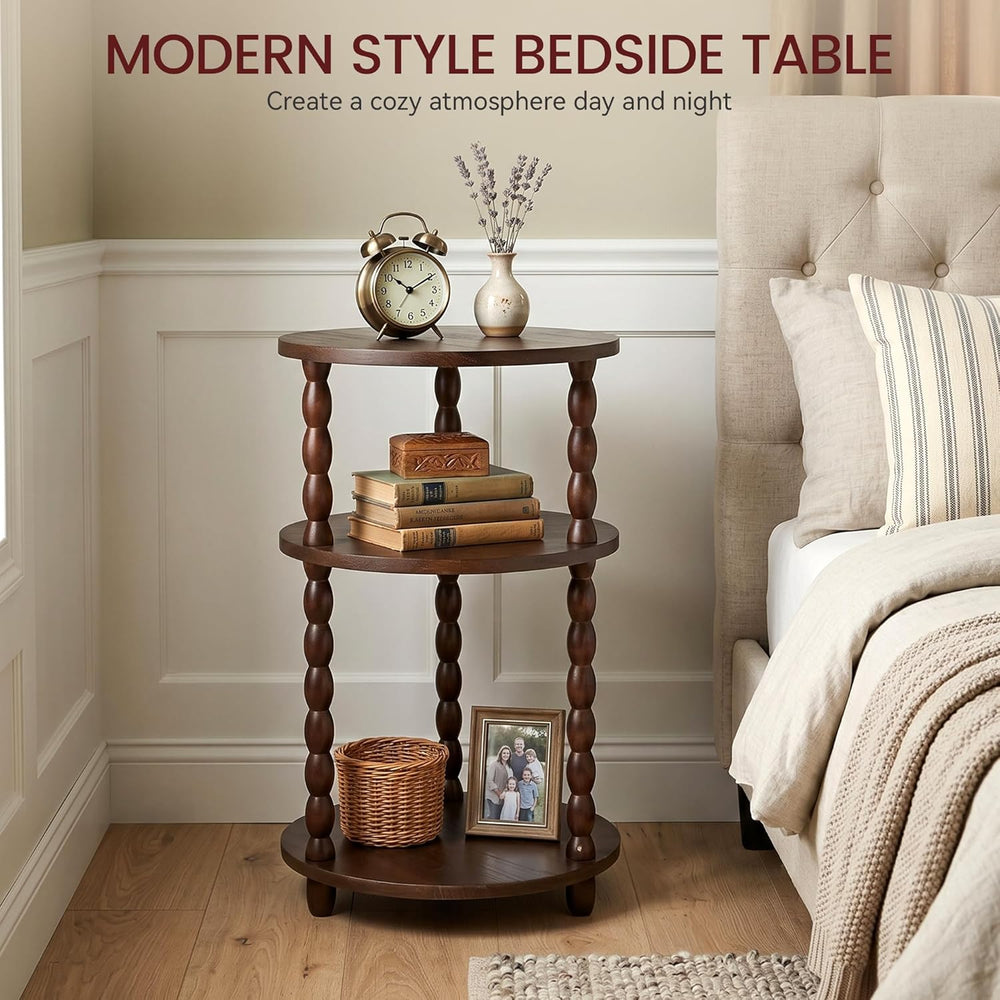 Small Round Side Table, 3-Tier Solid Wood End Table with Storage Shelf, Moder...