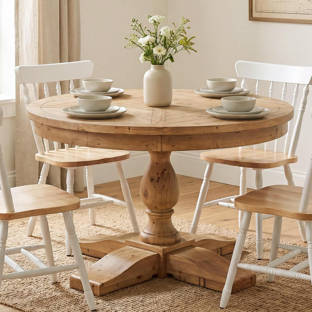 47" Round Dining Table with Wooden Pedestal Base, Reclaimed Pine Wood Di...