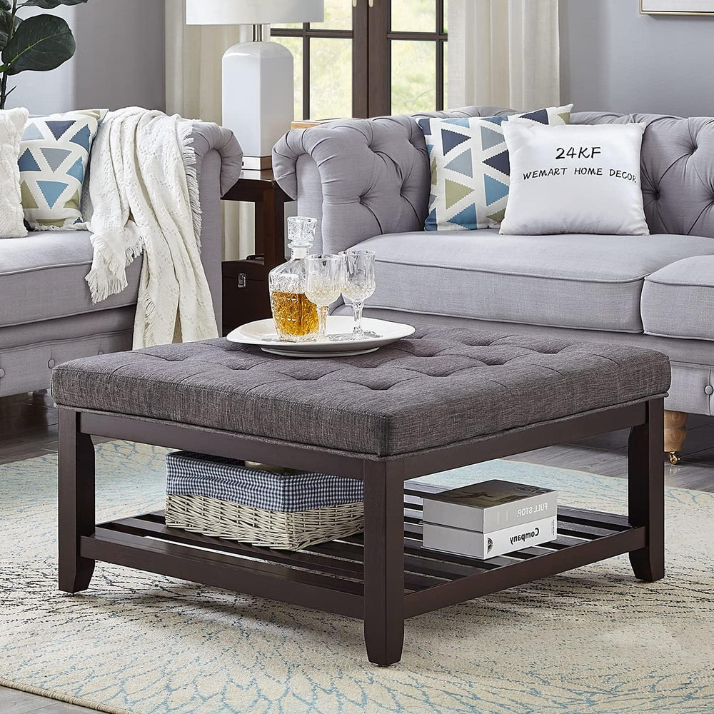 24KF Large Square Upholstered Tufted Linen Ottoman Coffee Table, Large Footre...