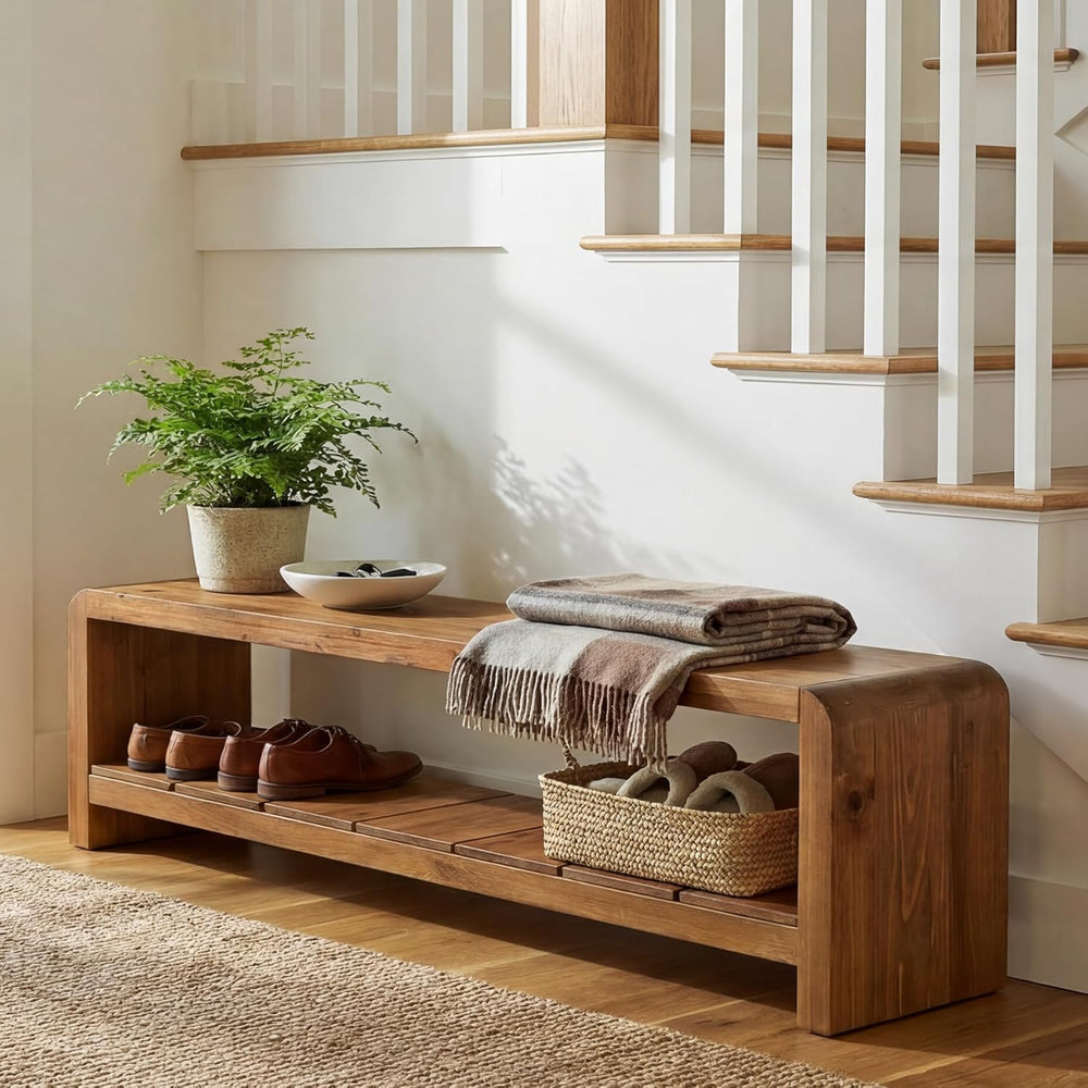 Solid Wood Entryway Bench with Shoe Storage, 59.06-Inch Long Shoe Bench with ...