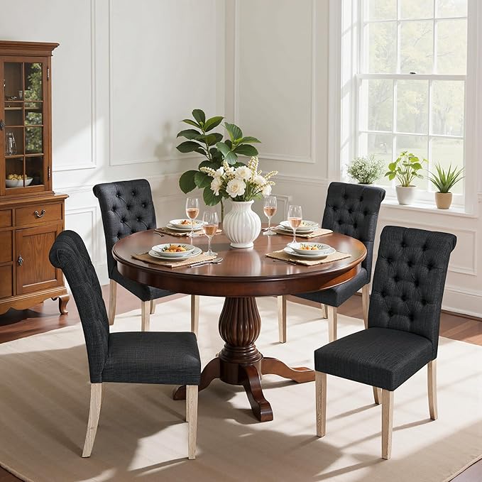CHUN YI Dining Chairs Set of 4, Button Tufted Upholstered Fabric Dining Room Chairs with Solid Wood Legs and Curved Back, Parsons Side Chairs for Kitchen, Dark Grey
