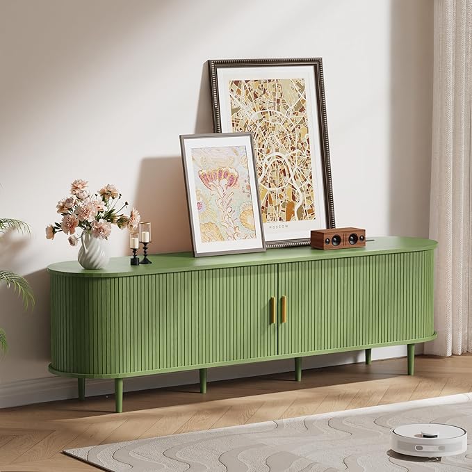 DHH 70.8 Inch Mid Century Modern TV Stand with Power Outlet for TVs up to 80 Inch, Entertainment Center with Storage and Adjustable Shelves, Media Console with Sliding Doors for Living Room(Green)