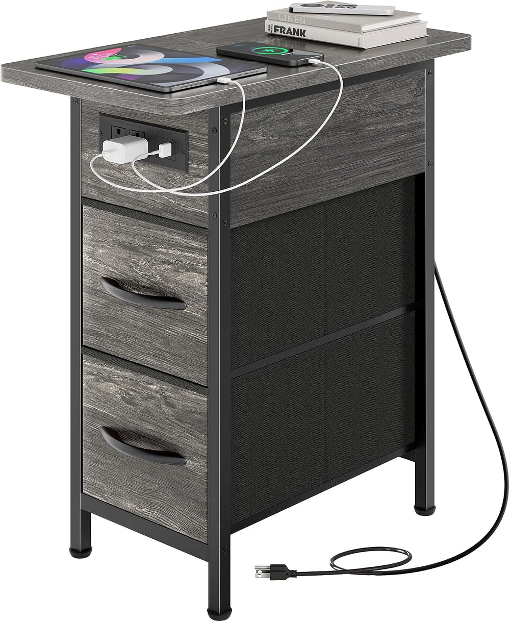 Huuger Narrow End Table with Charging Station, Flip Top Side Table with 2 Fab...