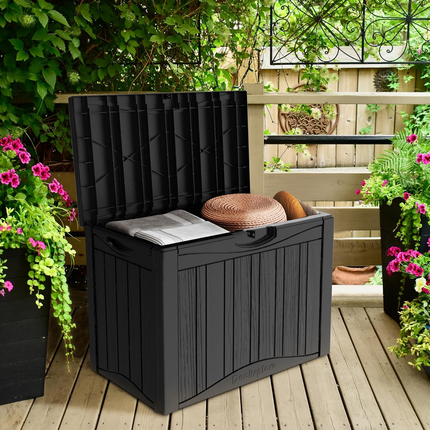 TARKARI 50 Gallon Lockable Resin Deck Box, Waterproof & UV-Resistant Outdoor Storage Box for Outdoor Cushion Storage, Garden Tools & Pool Accessories Storage, Black