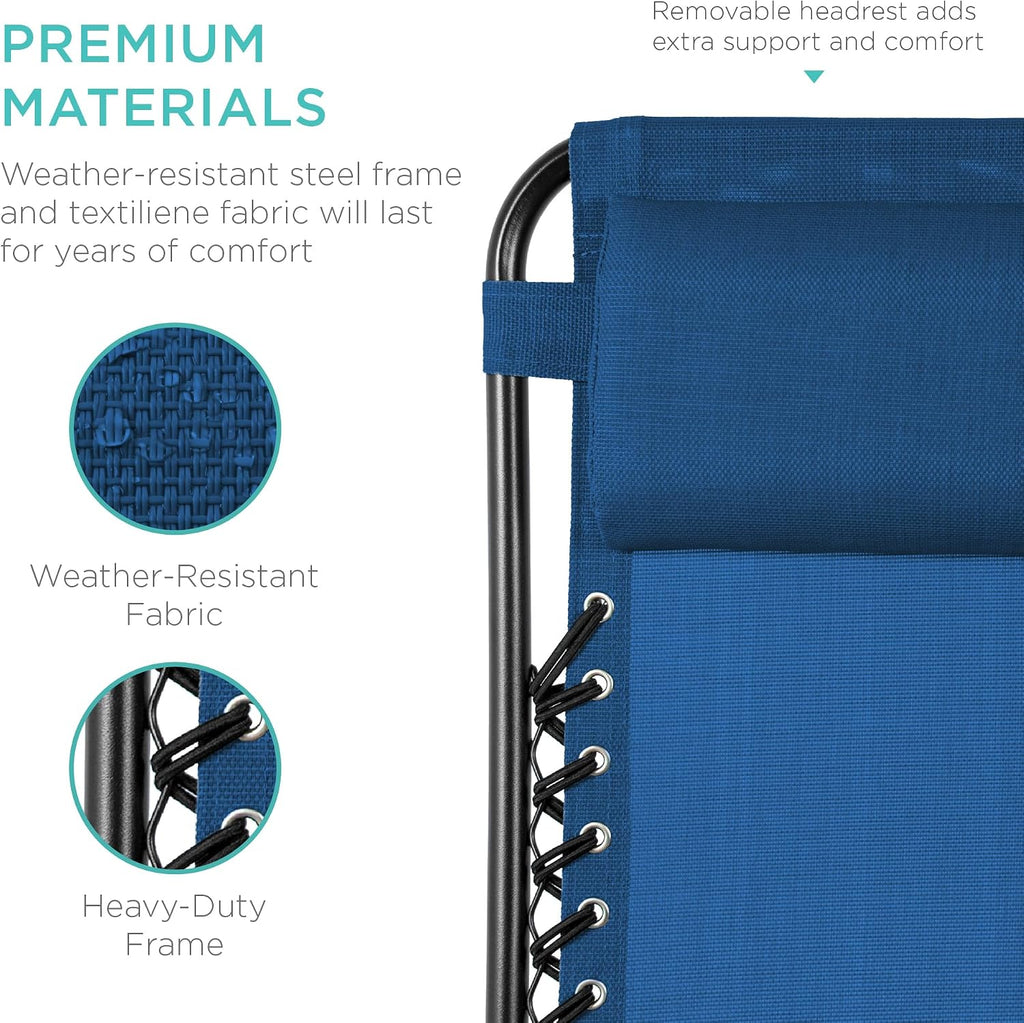 Best Choice Products Set of 2 Adjustable Steel Mesh Zero Gravity Lounge Chair Recliners w/Pillows and Cup Holder Trays - Marine Blue/Black
