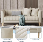 IDEALHOUSE 83" W Faux Leather Sofa Couch for Living Room, Modern 3 Seater Sofa Couch with Deep Seats, 2 Throw Pillows and Wood Legs, for Small Space, Bedroom, Apartment, Home Office, Beige