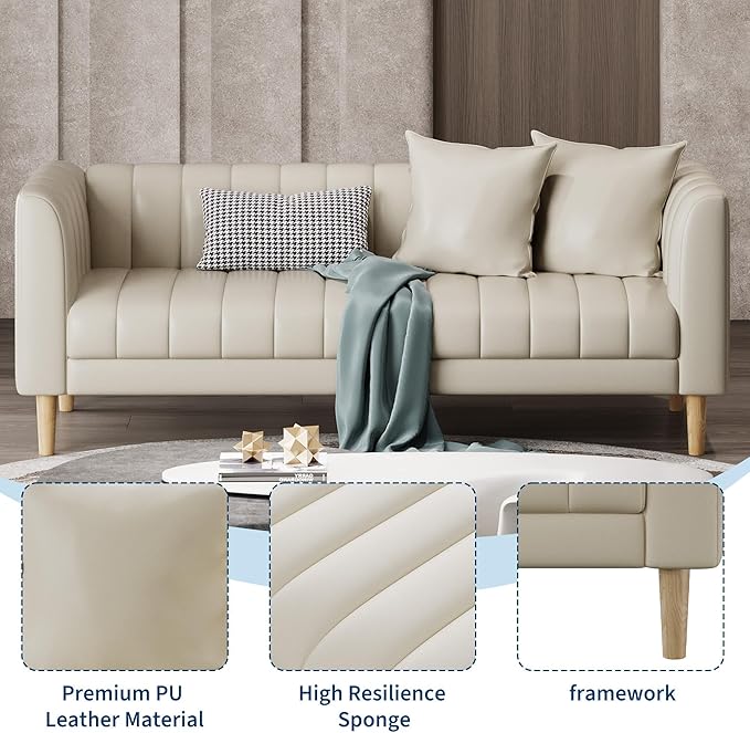 IDEALHOUSE 83" W Faux Leather Sofa Couch for Living Room, Modern 3 Seater Sofa Couch with Deep Seats, 2 Throw Pillows and Wood Legs, for Small Space, Bedroom, Apartment, Home Office, Beige