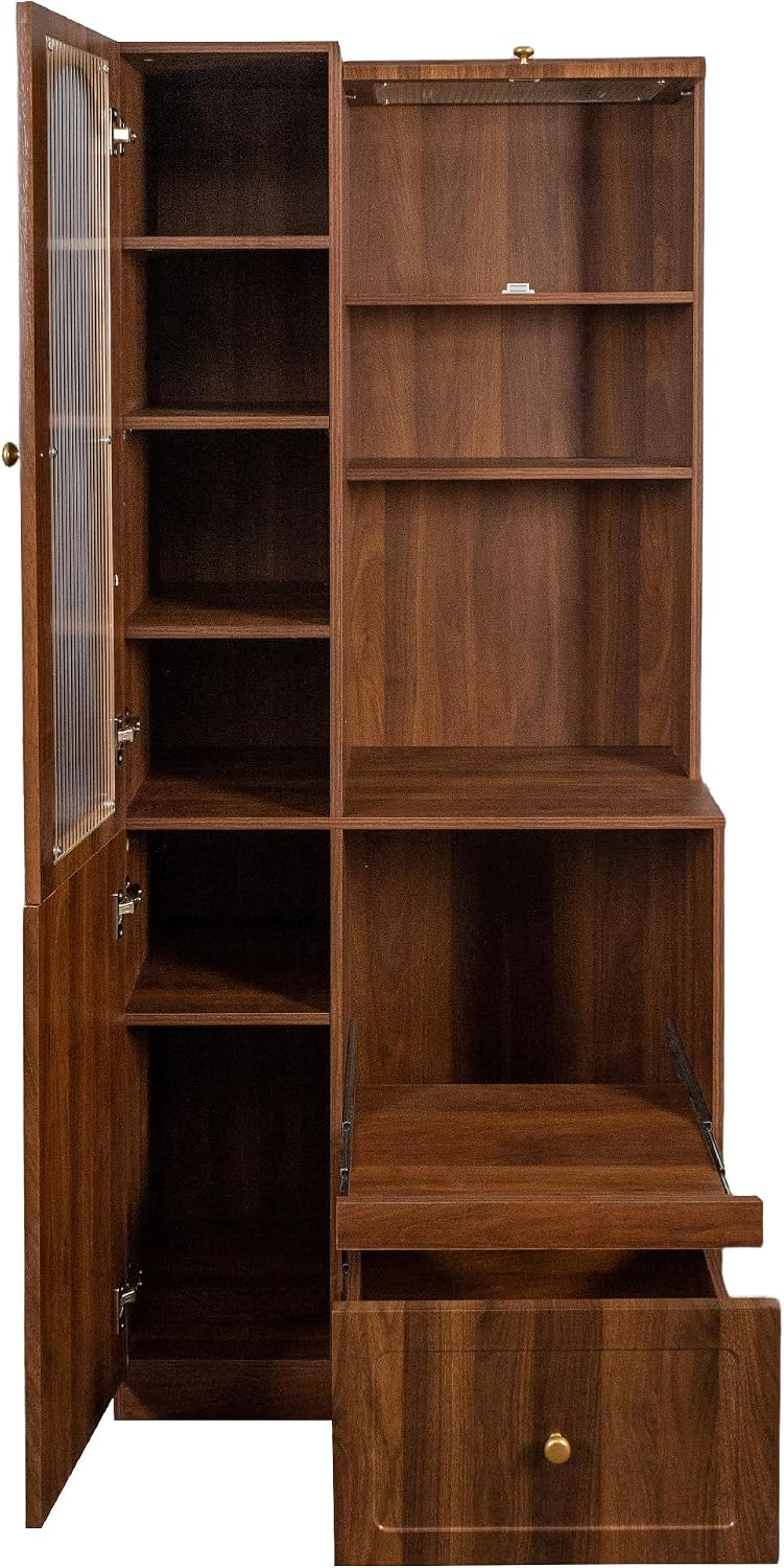 Pantry Cabinet, 71" Kitchen Buffet Hutch with Fluted Glass & Pull-Ou...