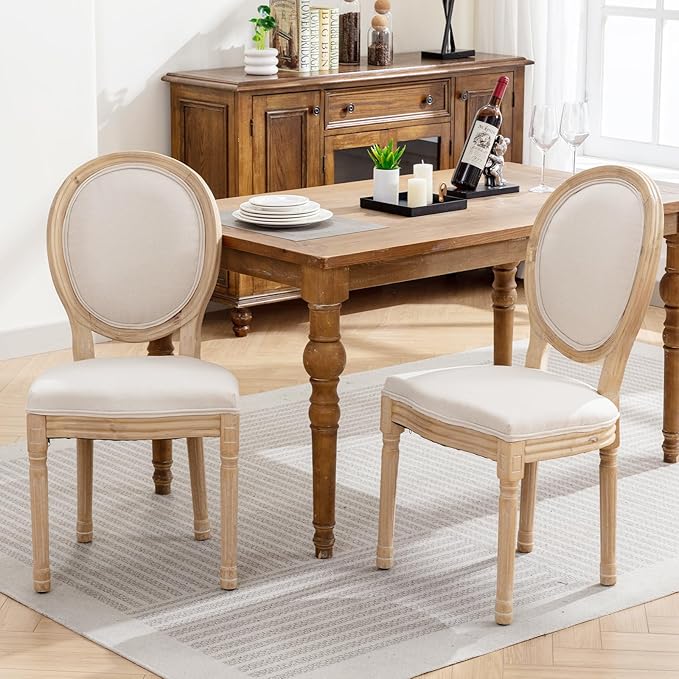 French Country Dining Chairs Set of 6, Cream Kitchen & Dining Room Chairs Set of 6, Ivory Linen Upholstered Dining Chairs,Sillas De Comedor,Wood Legs (Fabric, Beige, 6Pcs)