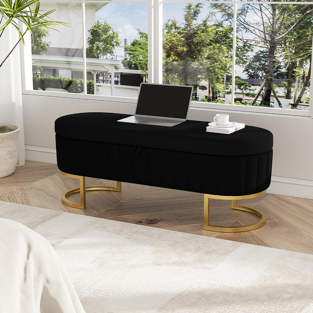 Storage Ottoman Bench, 45" Velvet End of Bed Bench Bedroom Bench with Golden Metal Legs, Upholstered Storage Bench for Bedroom Living Room Entryway and Window, Black