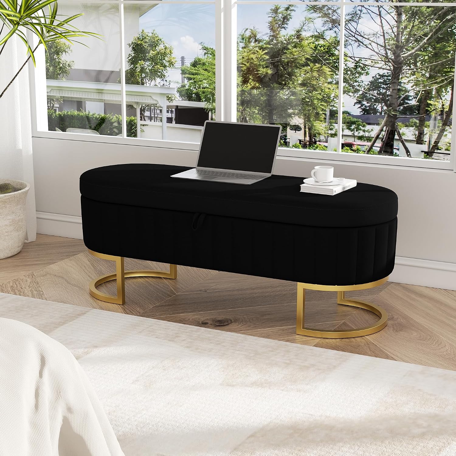 Storage Ottoman Bench, 45" Velvet End of Bed Bench Bedroom Bench with Golden Metal Legs, Upholstered Storage Bench for Bedroom Living Room Entryway and Window, Black