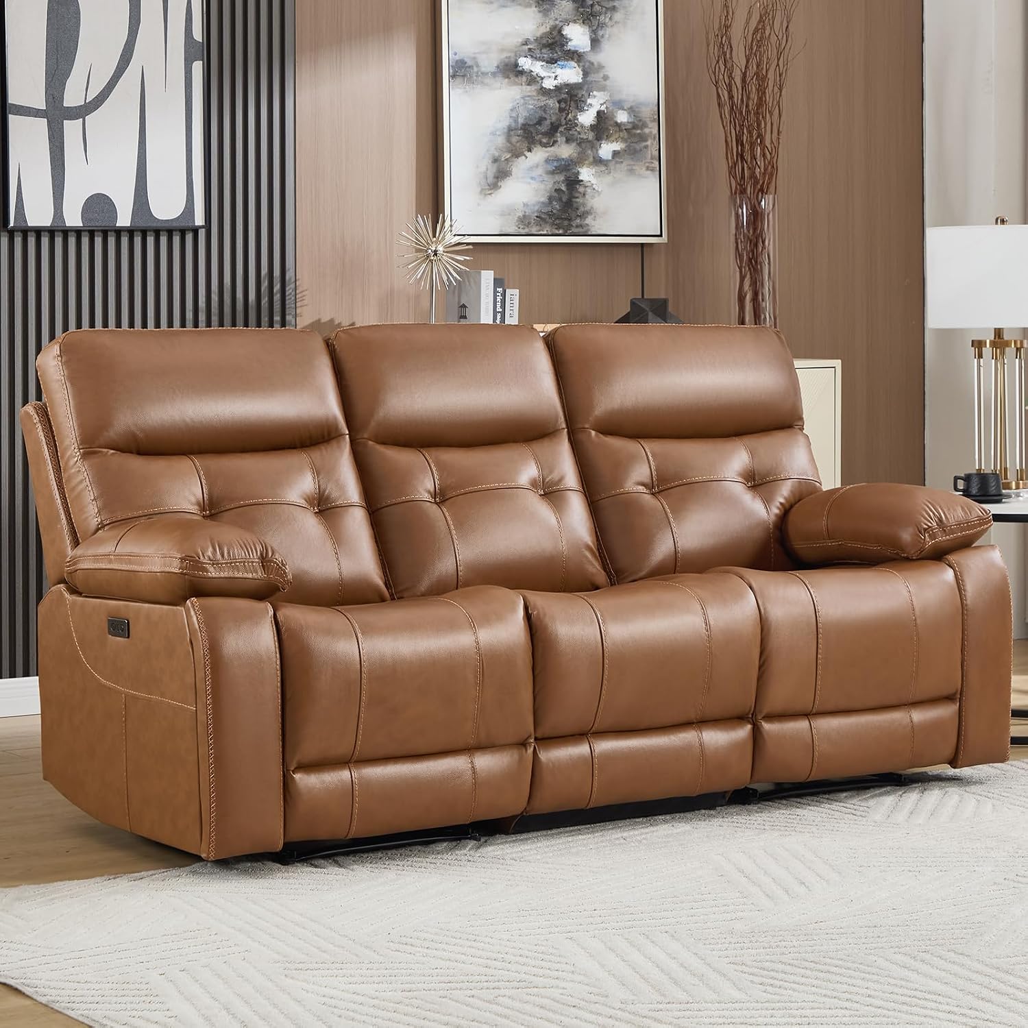 Genuine Leather Power Recliner Sofa,3 Seater Reclining Sofa with Comfortable Arms and Back,Modern Electric Recliner Couch Set with Hidden Cup Holders,USB Port for Living Room,Brown
