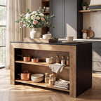 LITTLE TREE Kitchen Island with Storage, 55 Inch Island, Modern Farmhouse Kitchen Counter, Fluted Reeded Frame Open Shelves Prep Workstation, Black and Brown