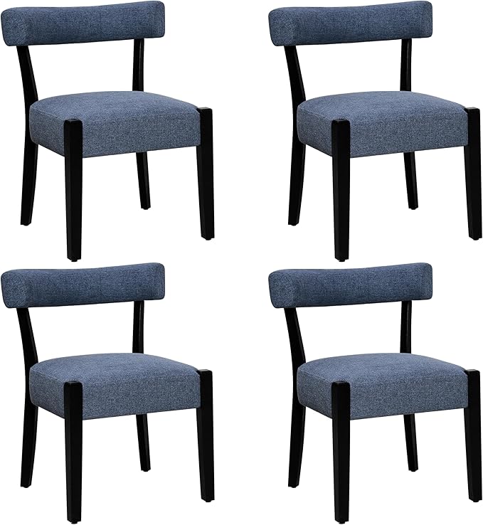 Modern Dining Chairs Set of 4, Upholstered Kitchen & Dining Room Chairs, Mid Century Modern Wooden Dining Chairs Oversized Sturdy Fabric Rounded Chairs Curved Back, Blue