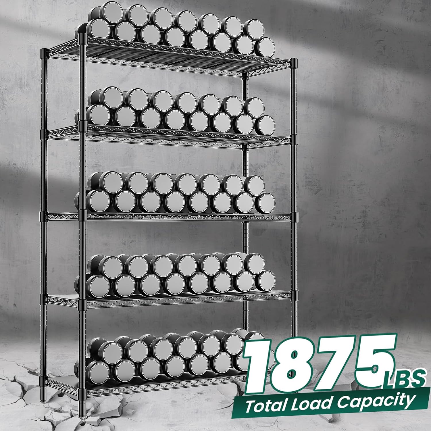 48" W Storage Shelves 5-Tier Wire Shelving, 1875LBS Adjustable Metal Shelving with 5 Shelf Liners, Heavy Duty Steel Wire Rack for Garage Commercial Pantry Kitchen, 48" W x 18" D x 72" H, Black