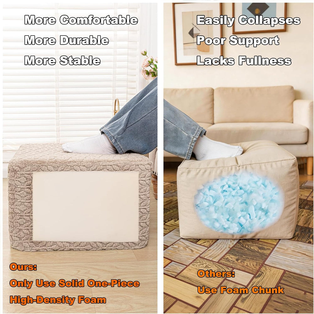 Square Stuffed Pouf Ottoman Poufs with One-Piece Seamless Foam Filling, Furry...