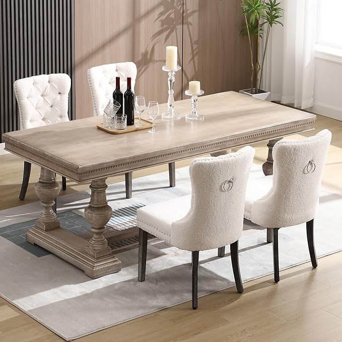 KCC Boucle Dining Chairs Set of 4, Upholstered High-end Tufted Dining Room Chair with Nailhead Back Ring Pull Trim Solid Wood Legs, Contemporary Nikki Collection Modern Style for Kitchen, Cream
