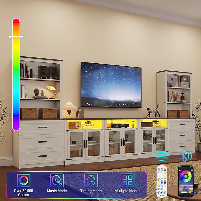 157" W 4-Piece Entertainment Center with Bookshelves for TVs up to 100", Farmhouse Wall Unit TV Stand with Doors & Drawer, Media Console Table for Living Room, Bedroom, White