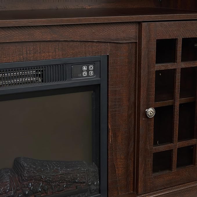 Rustic TV Stand with Electric Fireplace: Tall Wood Entertainment Center Console for 60 Inch TV - Espresso