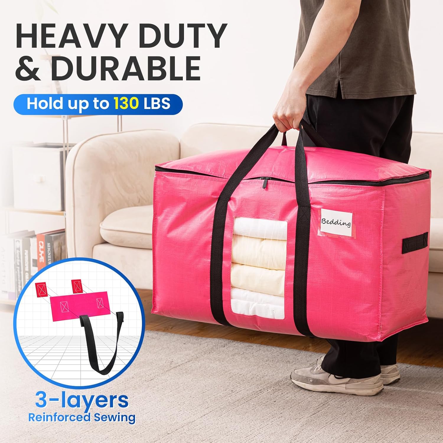 TAILI 6 Pack Pink Extra Large Moving Bags, Heavy Duty Totes with Visible Window, Wrap Around Handles, Space-Saving Storage Solution, Alternative to Moving Boxes