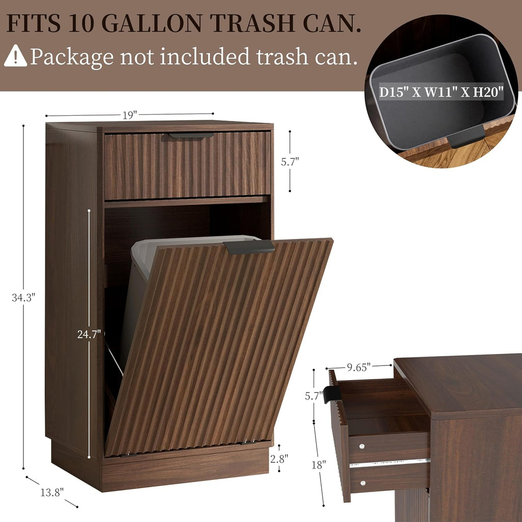 Tilt-Out Trash Cabinet with 10-Gallon Capacity, Walnut Laundry Hamper Cabinet, 34.3 x 19 x 13.8 inches, Wave-Textured Front.