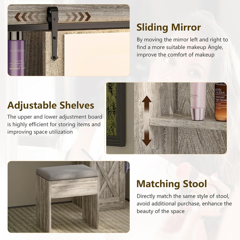 Farmhouse Vanity Desk with Mirror and Lights, 42” Makeup Vanity with Charging...