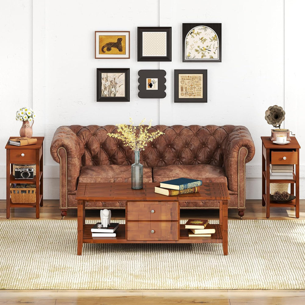 Giantex Narrow End Table Set of 2, Farmhouse Side Tables with Drawer & St...
