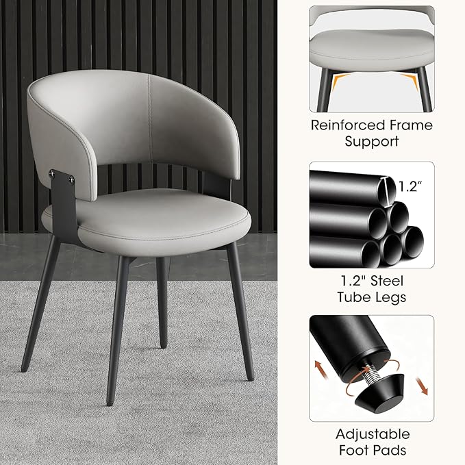 Modern Dining Chairs Set of 4, Faux Leather Upholstered Kitchen Chairs with Curved Back and Metal Legs, Mid Century Chairs for Dining Room, Kitchen, or Café (Light Gray)