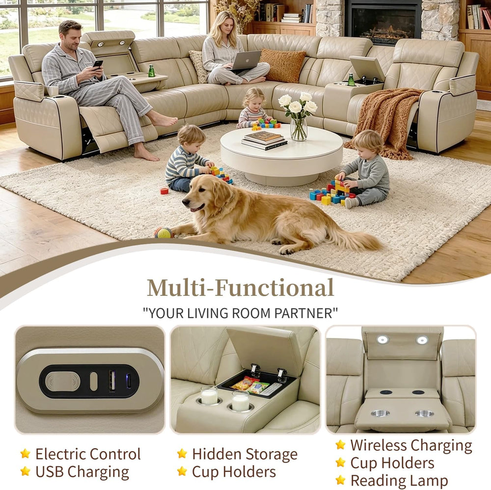 Breathing Leather Reclining Sofa Set,Power Recliner Sectional Couch with LED ...