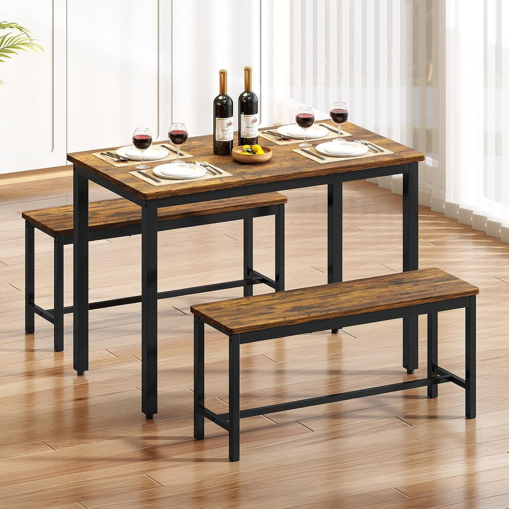 Rovibek Dining Table Set for 4 with 2 Benches – Space-Saving Kitchen Table Set for Kitchen & Dining Room, Rustic