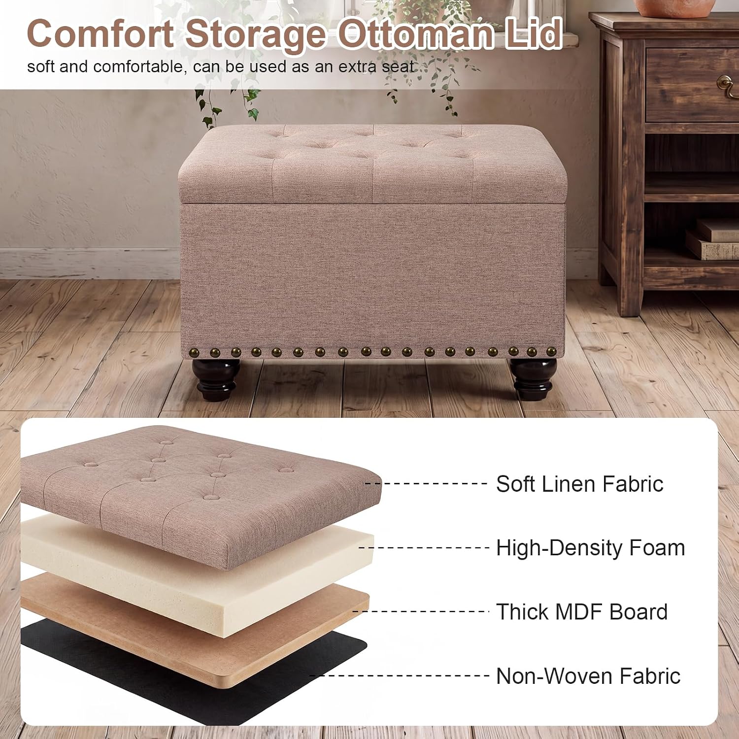 Ottoman with Storage, Fabric Ottoman Foot Rest 24" Rectangle Tufted Foot Stools Ottomans with Hinged Lid Upholstered Button Ottomans for Bedroom Living Room Entryway, Taupe