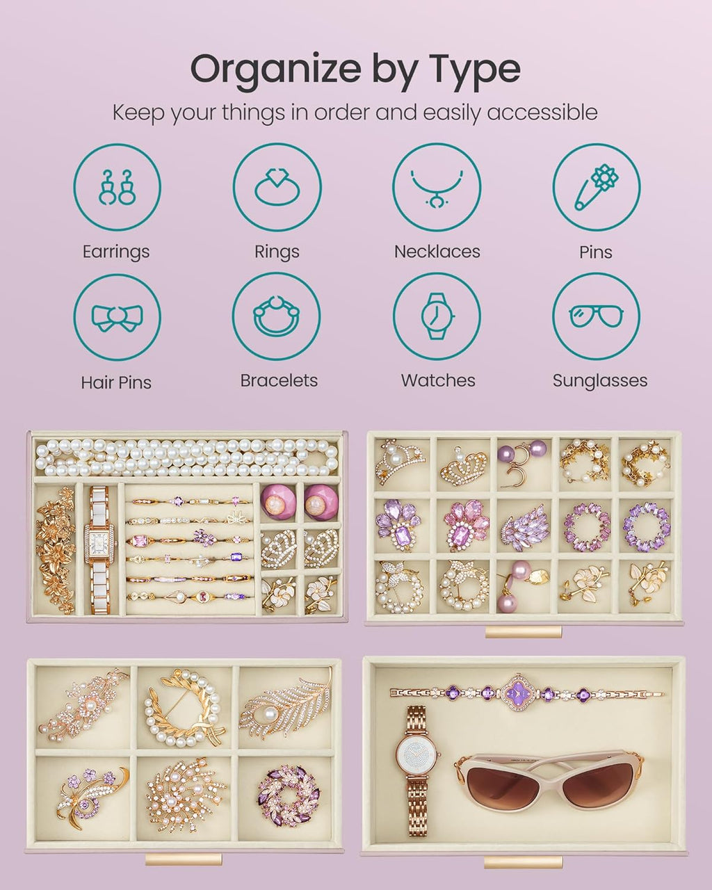 SONGMICS Jewelry Box Organizer with Glass Lid, 4-Layer Jewelry Storage, with 3 Drawers, Modern Style, Christmas Gift, 6 x 9.9 x 8.5 Inches, Lavender Purple and Gold Color UJBC161P01