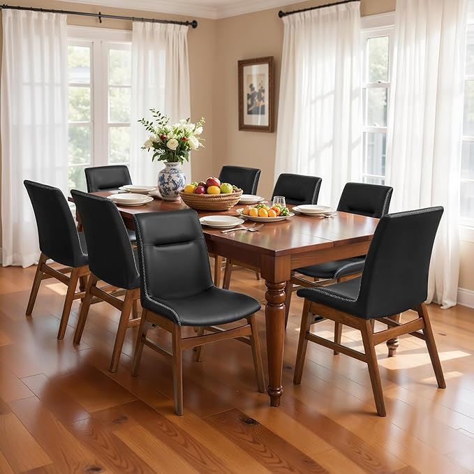 SyMax Dining Chairs Set of 8, Faux Leather Dining Room Chairs with Stitched Edge Trim, Modern High-End Kitchen Side Chairs for Bedroom, Living Room, Black