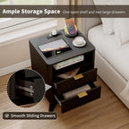 Fluted Nightstand with Charging Station, 18" Modern End Table with Storage Drawers, Bedside Table for Bedroom (Black)