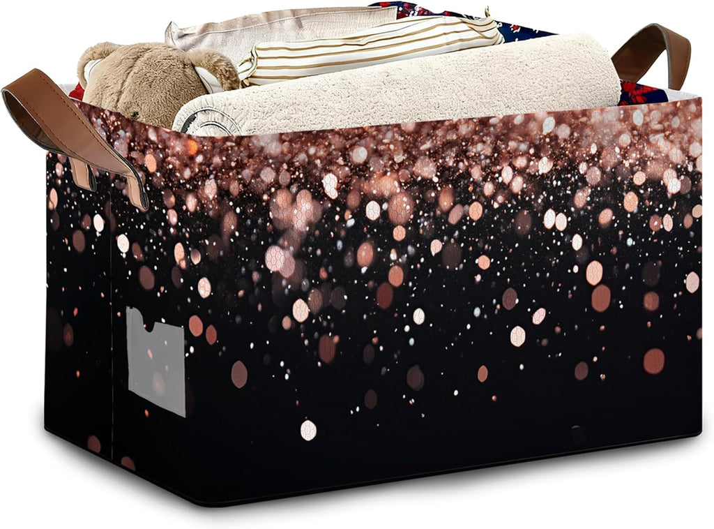 Pink Glitter Storage Baskets,Foldable Organizer Bin with Handles for Home Living Room Bedroom Closet Box 17x11.5x10Inch
