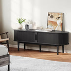 LINSY HOME Fluted TV Stand for 65" TV, Mid-Century Modern Wood Entertainment Center with Sliding Tambour Door and Storage Cabinet, Boho TV Media Console Table for Living Room, Bedroom, Black