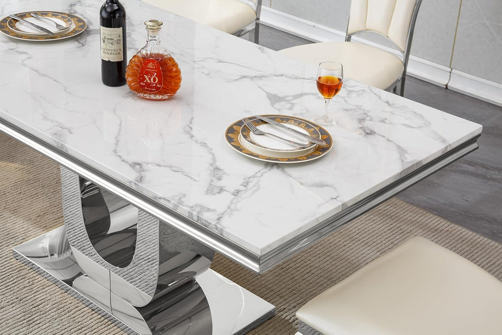 SSLine Modern White Marble Dining Table for 6-8 Rectangle 68" Faux Marbl...