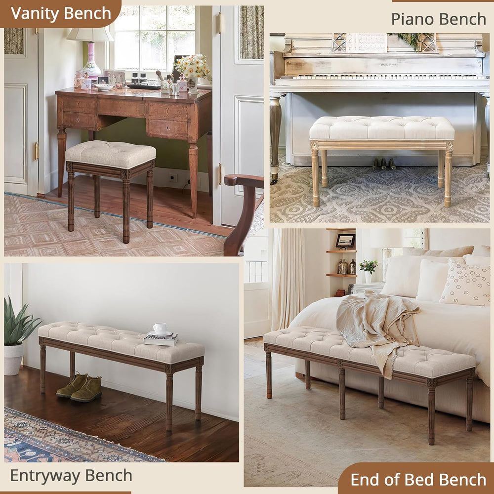 LUE BONA 60" Fabric End of Bed Bench, Upholstered Tufted French Bedroom ...