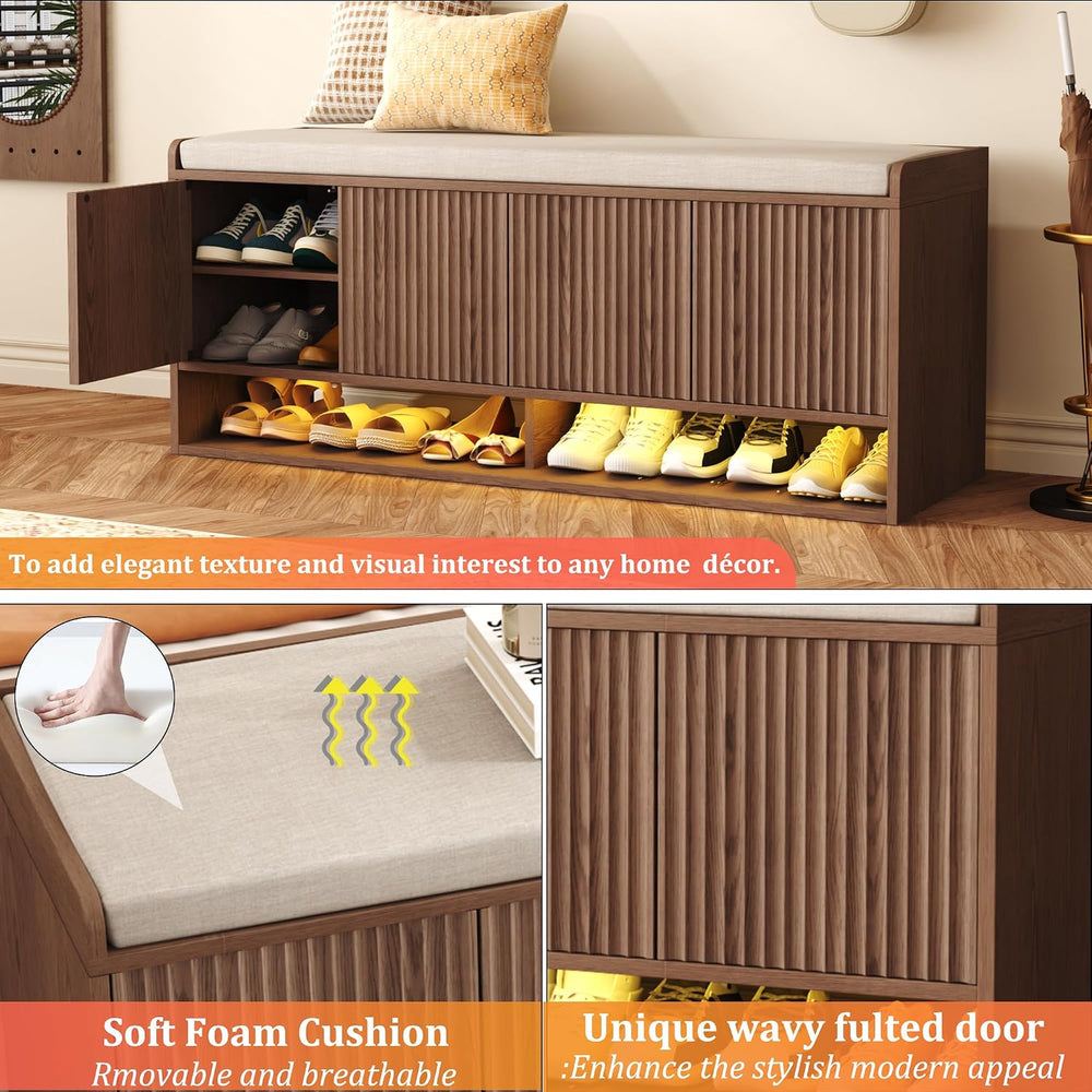 HOMEFORT 47.2" Fluted Shoe Storage Bench, Entryway Bench with Linen Seat...