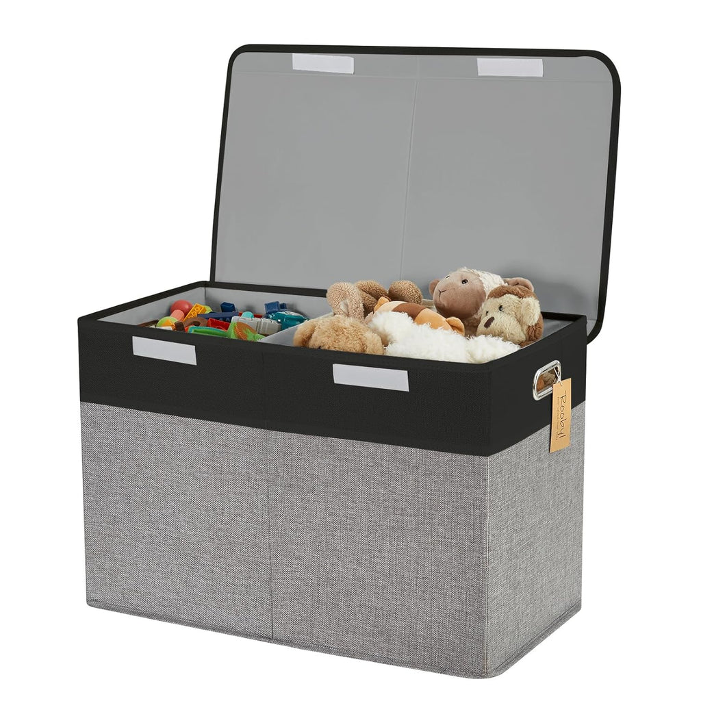 Large Toy Box with Flip-Top Lid, Collapsible Storage Organizer Bins with Dividers and Handles, Kids Bin Chest Baskets for Toys, Playroom Organizers, Nursery 25"x13" x16" (Balck & Gray)