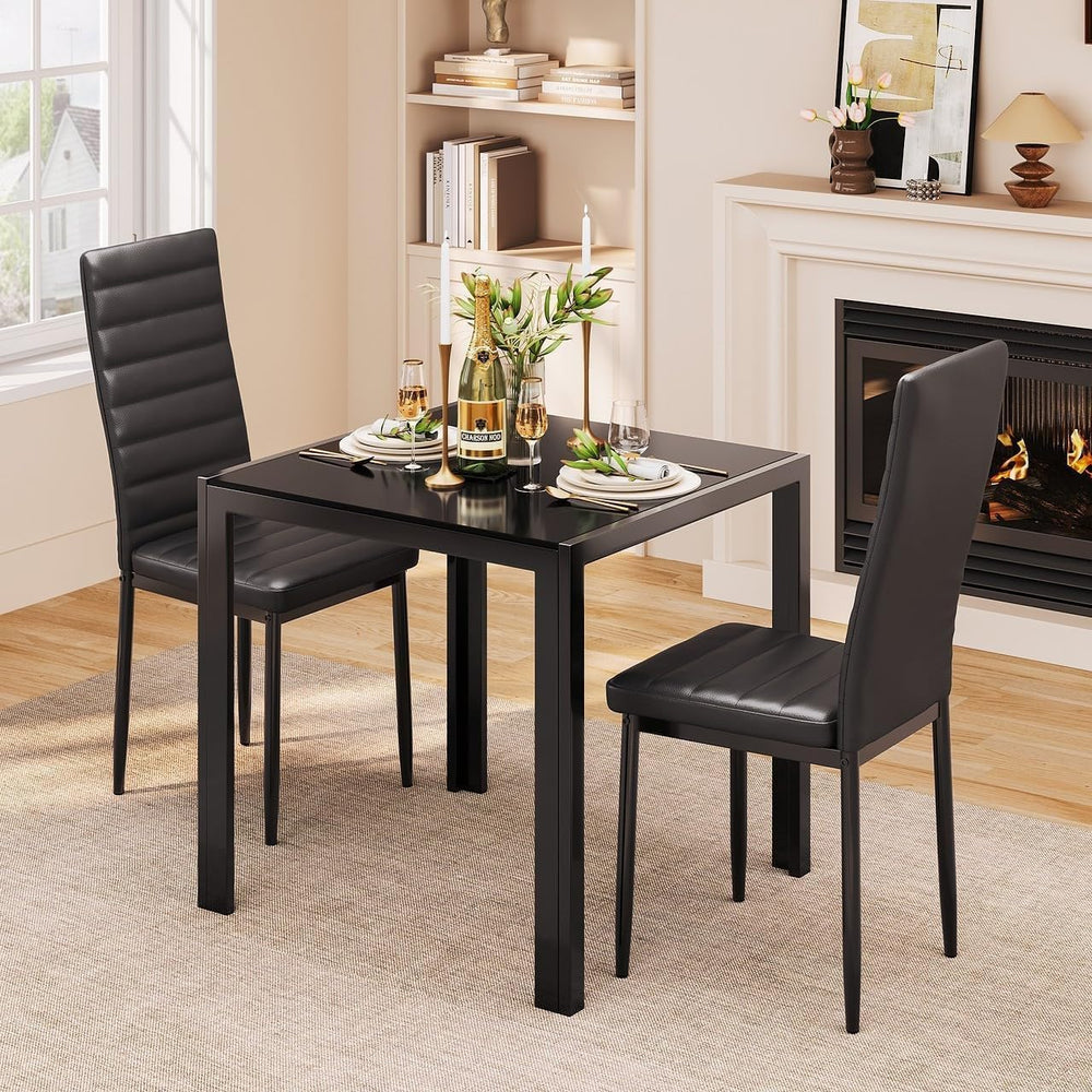 Gizoon 3 Piece Glass Dining Table Set, Kitchen Table and Chairs Set for 2