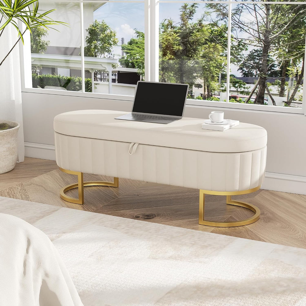 Storage Ottoman Bench, 45" Velvet End of Bed Bench Bedroom Bench with Go...