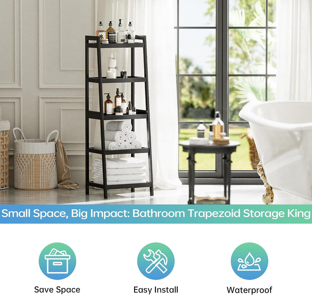 SMIBUY Bamboo Ladder Bookcase, Bathroom Storage Rack Organizer, 4 Tier and 5 Tier Freestanding Plant Display Stand Space Saver Shelves for Bedroom, Kitchen, Balcony (Black, 5 Tiers (50" H))