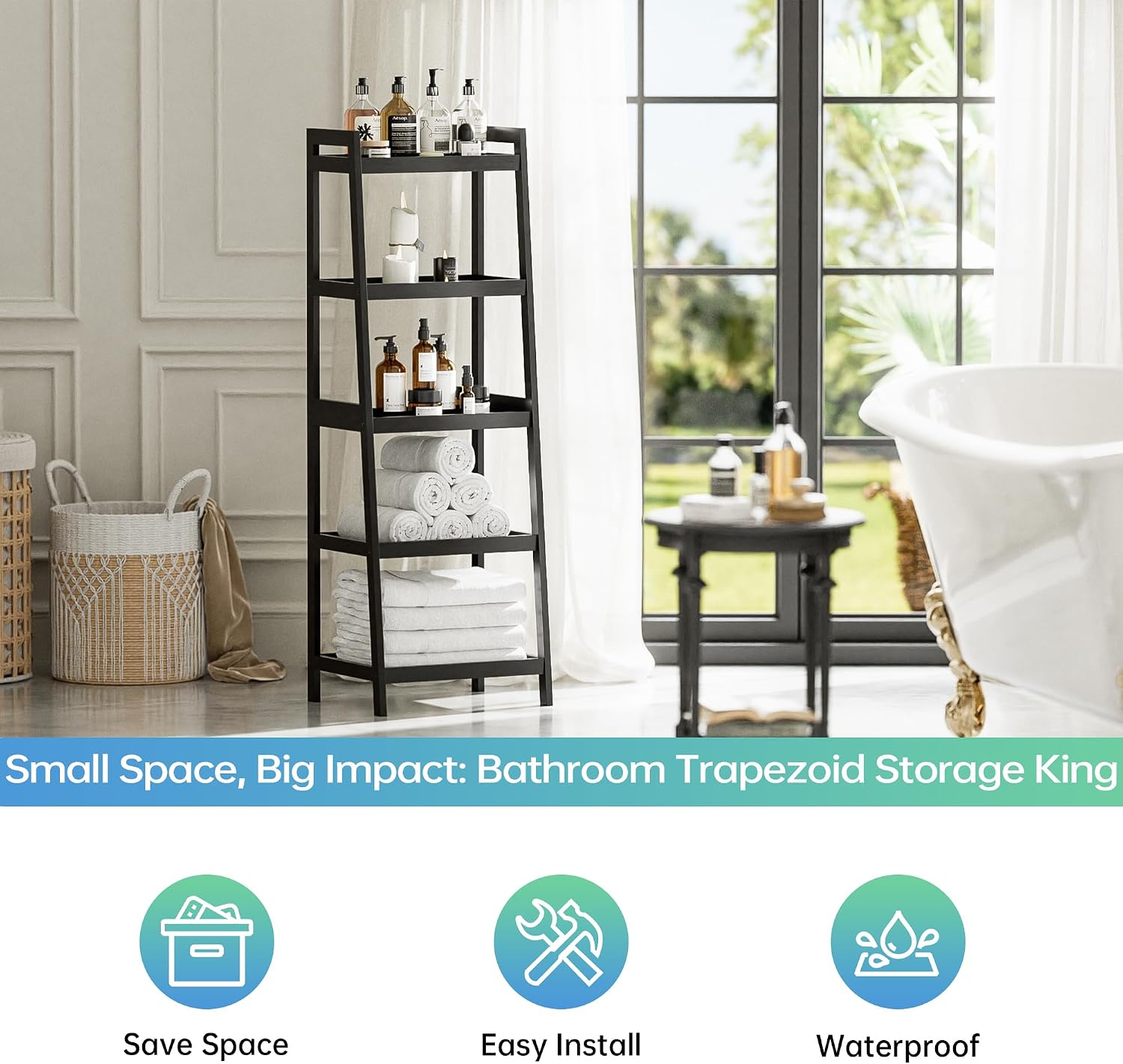 SMIBUY Bamboo Ladder Bookcase, Bathroom Storage Rack Organizer, 4 Tier and 5 Tier Freestanding Plant Display Stand Space Saver Shelves for Bedroom, Kitchen, Balcony (Black, 5 Tiers (50" H))