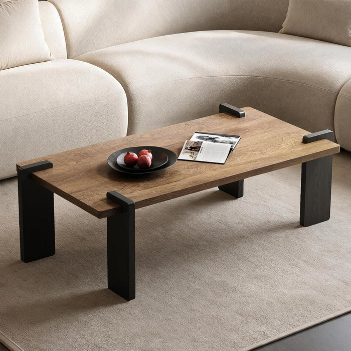 Rectangle Coffee Table for Living Room, 46.5" Mid Century Modern Center Table with Thickened Top, Unique Rustic Brown Engineered Wood Tea Table, Walnut & Black Two-Tone Finish