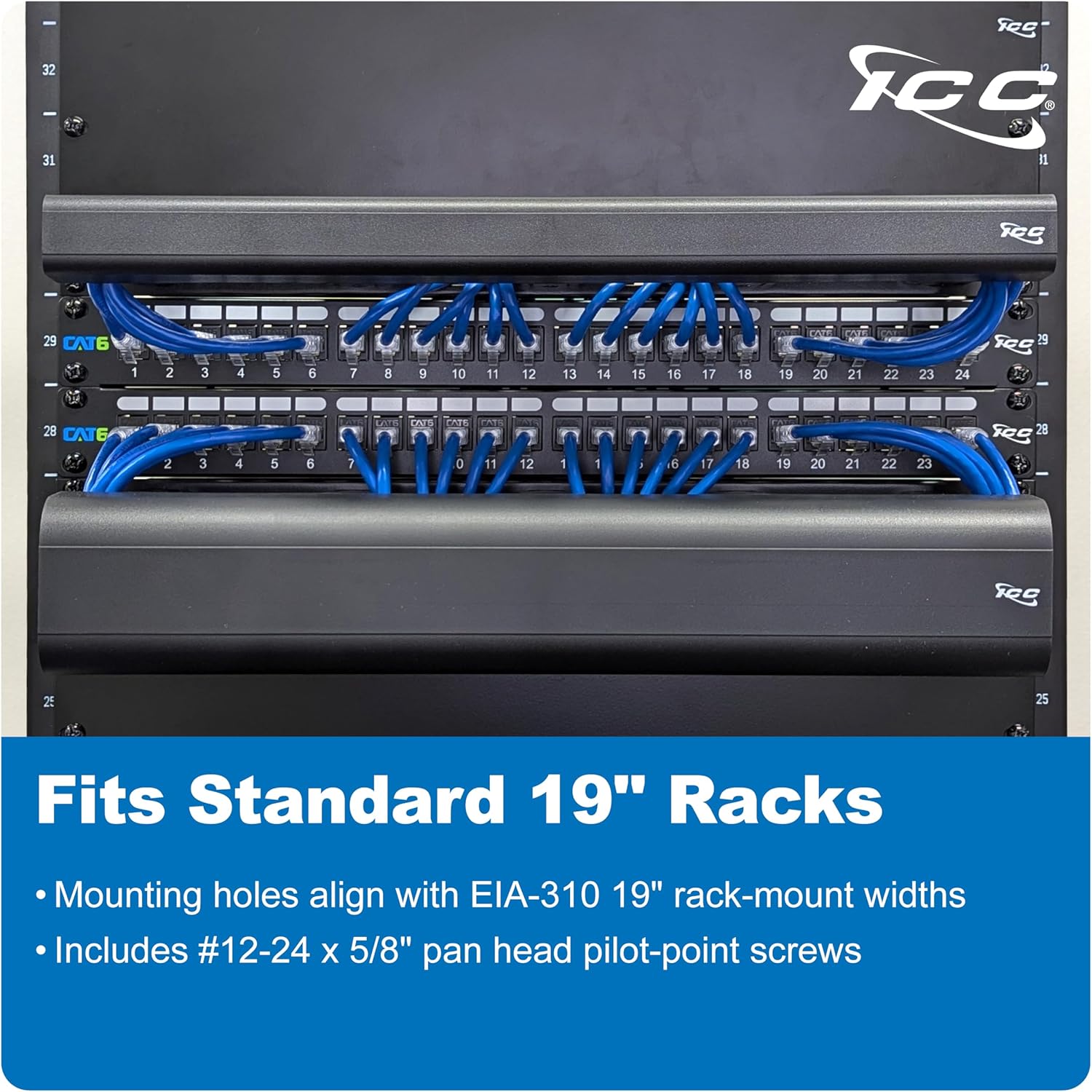 ICC 1U Ring Cable Manager Panel with Cover, Plastic with Metal Back Frame, 4" D-Rings, Horizontal Cable Management, Rackmount for 19” Network Racks, Black, Single Pack