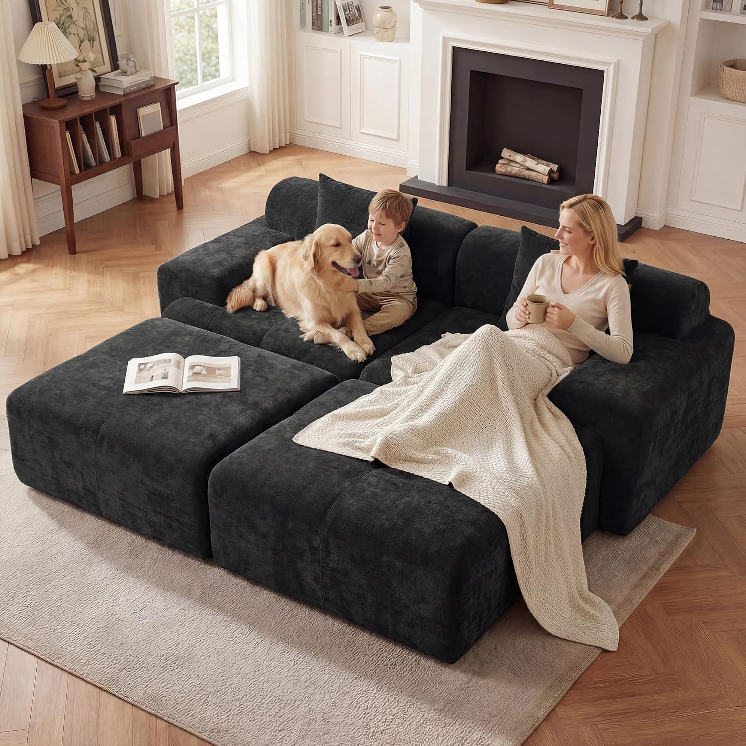 84" Modular Boneless Sofa Bed, Loveseat Couch with Ottomans, Black | Sectional Modular Couch, 15.4" Wider Armrest, 12" Thick Back, 2 Free Pillows, Non-Slip Base, Boneless Sofas for Living Room