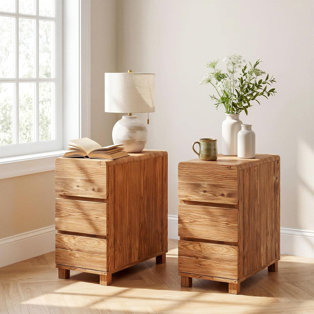 Set of 2 3 Drawers Solid Wood Side End Table for Living Room, Rustic Farmhous...