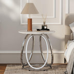 O&K FURNITURE Silver End Table, Round Side Table with Faux Marble Veins, Modern Nightstand for Bedroom, Living Room, Home Office, 1PC
