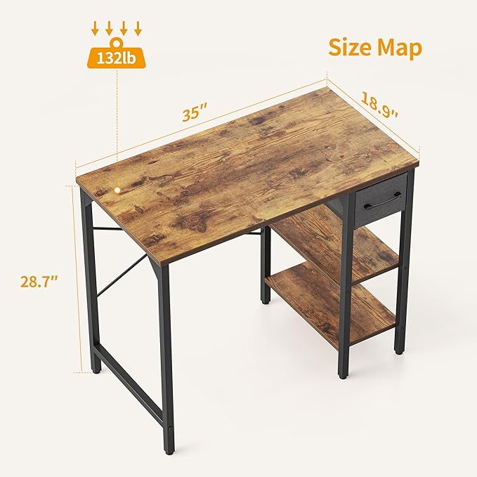 CubiCubi Computer Desk, 35 Inch Small Home Office Workstation with Drawer Storage Shelves for Small Space, Writing Study Desk, Rustic Brown